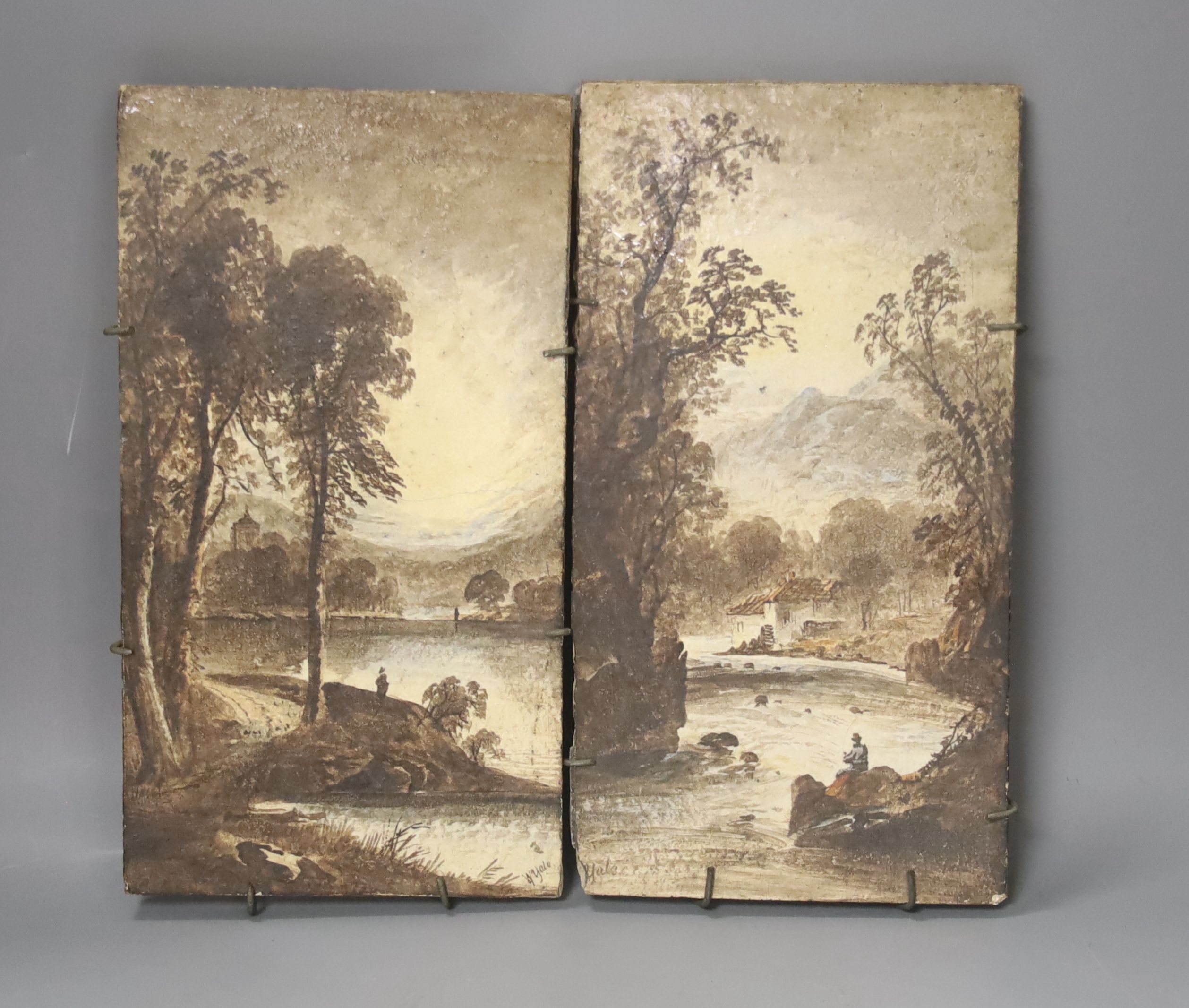 A pair of painted ceramic tiles, signed W. Yale 24x13cm